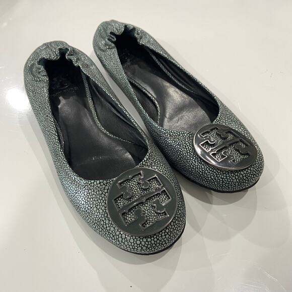 Tory Burch Shoes - Tory Burch Reva Flats 8.5 Green Leather Ballet Flats Stingray Reptile Snake